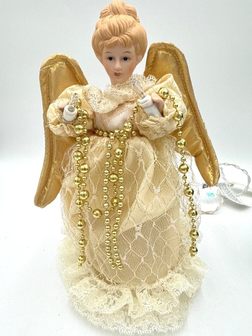 Vintage Porcelain Angel Christmas Tree Topper With Gold Wings & Lights WORKS